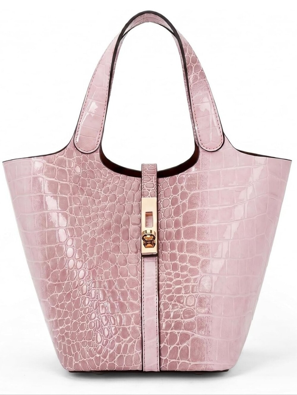 1 Left! Pink Croc-Embossed Patent Vegan Leather Bucket Top Handle Tote Handbag